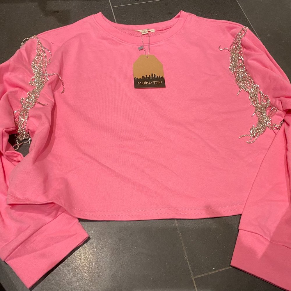 Women's Hot Pink Long Sleeve Crop with Silver Fring